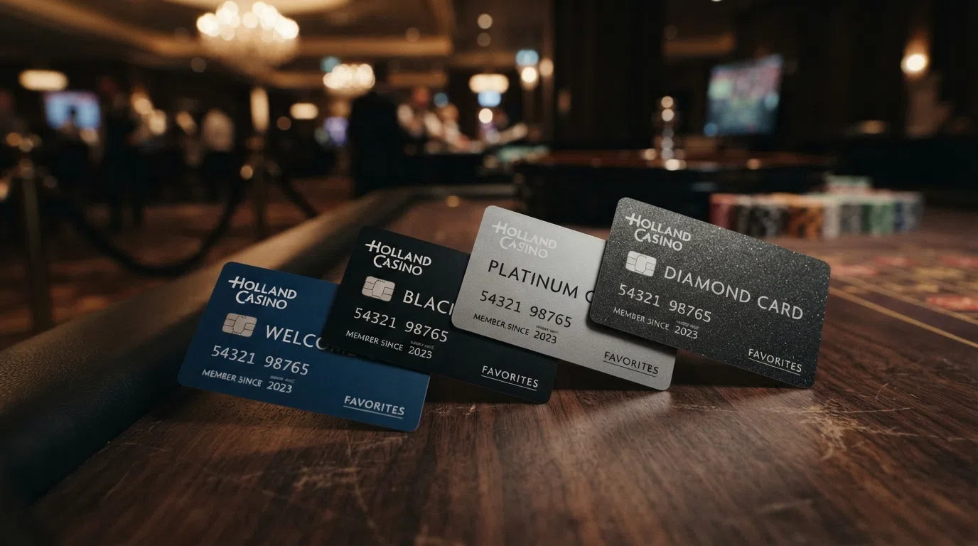 De Holland Casino Favorites Card in vier kleuren die de niveaus Welcome, Black, Platinum en Diamond vertegenwoordigen