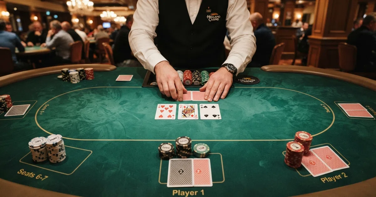 Een pokertafel met fiches, kaarten en spelers in een Holland Casino-vestiging