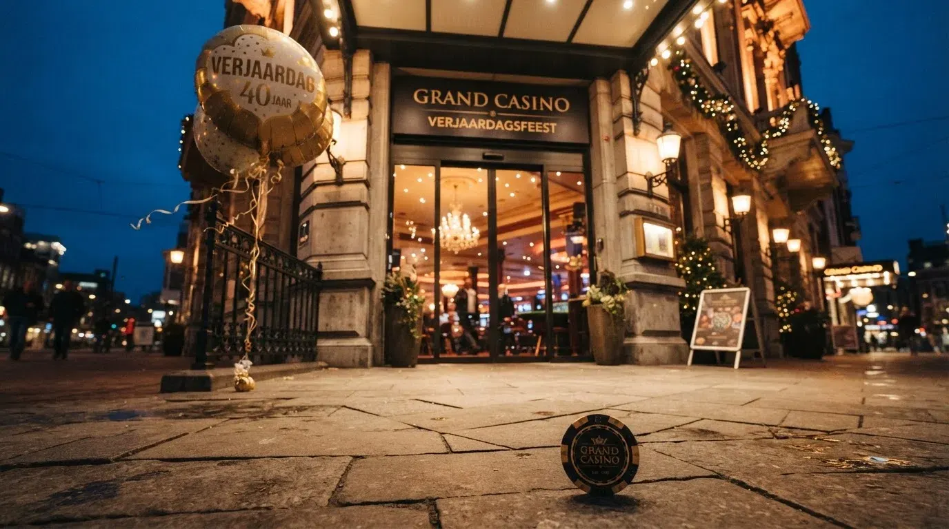 De feestelijk verlichte entree van een Holland Casino-vestiging met een verjaardagsballon