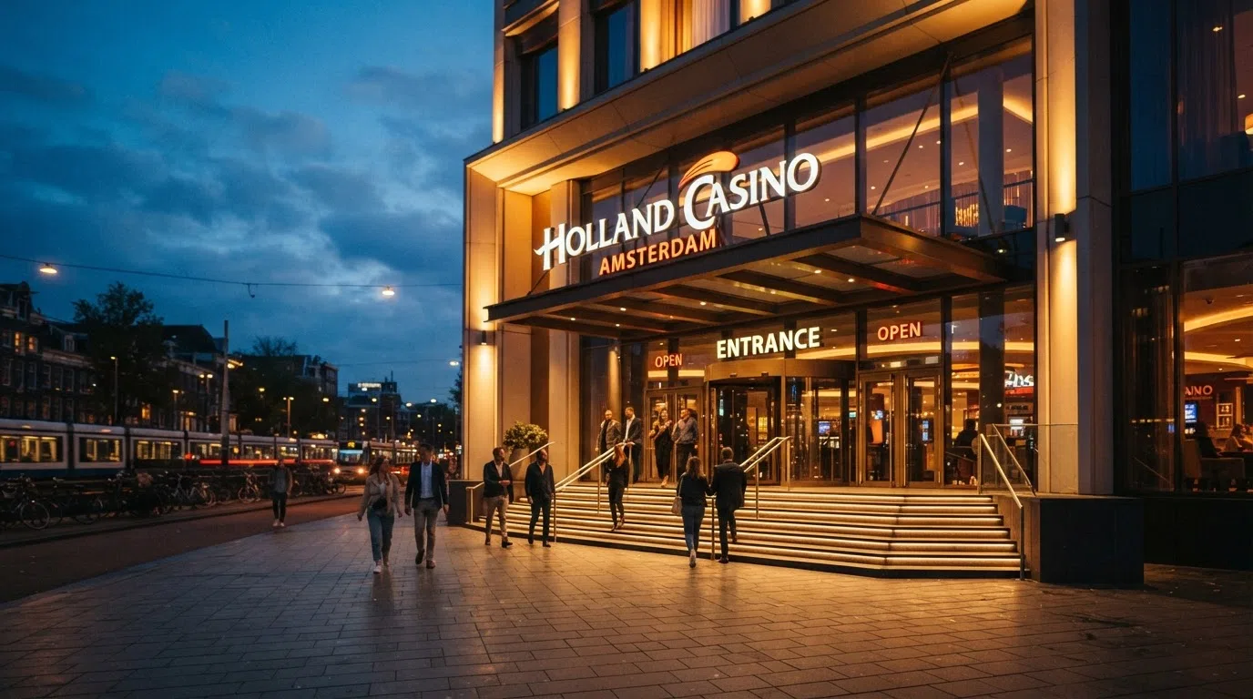 De entree van Holland Casino Amsterdam met het karakteristieke gebouw en de Holland Casino-gevel