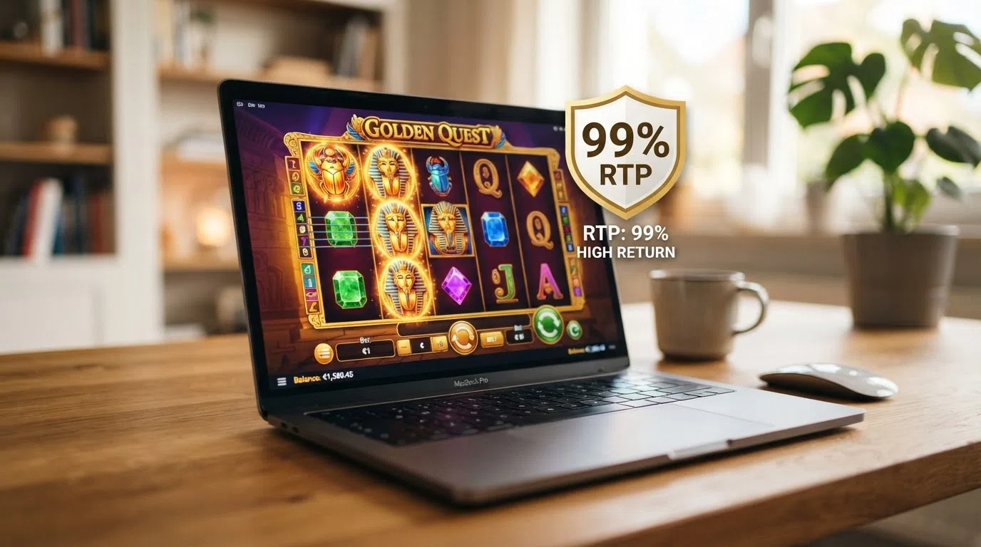 Een close-up van een gokkast-scherm met het RTP-percentage van 99% prominent in beeld, met spelelementen die doen denken aan Book of 99