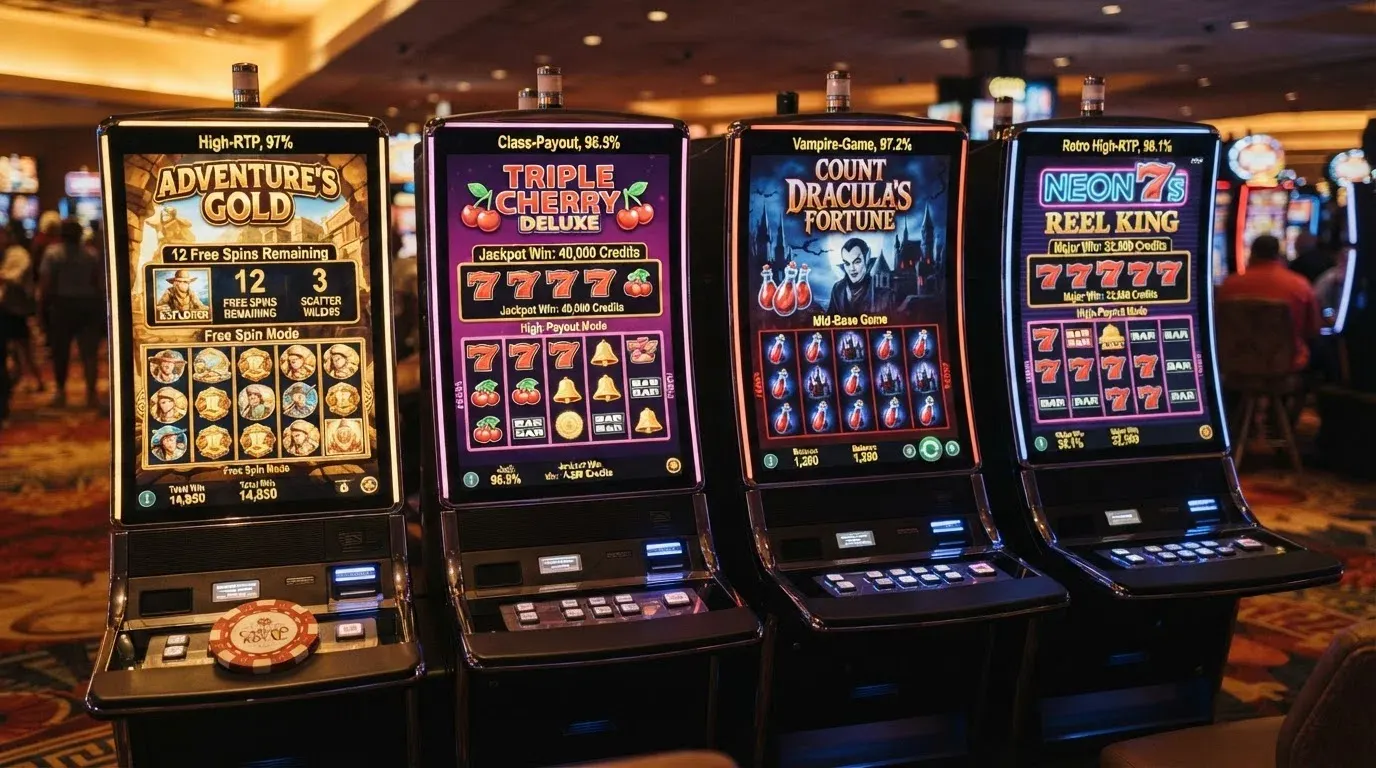 Vier gokkasten met de hoogste RTP naast elkaar: Book of 99, Mega Joker, Blood Suckers en Jackpot 6000 met hun percentages