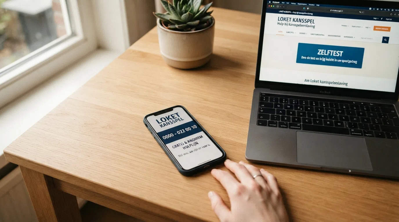 Een telefoon met het nummer 0800-022-00-10 op het scherm, daarnaast de homepage van loketkansspel.nl met de zelftest-knop zichtbaar