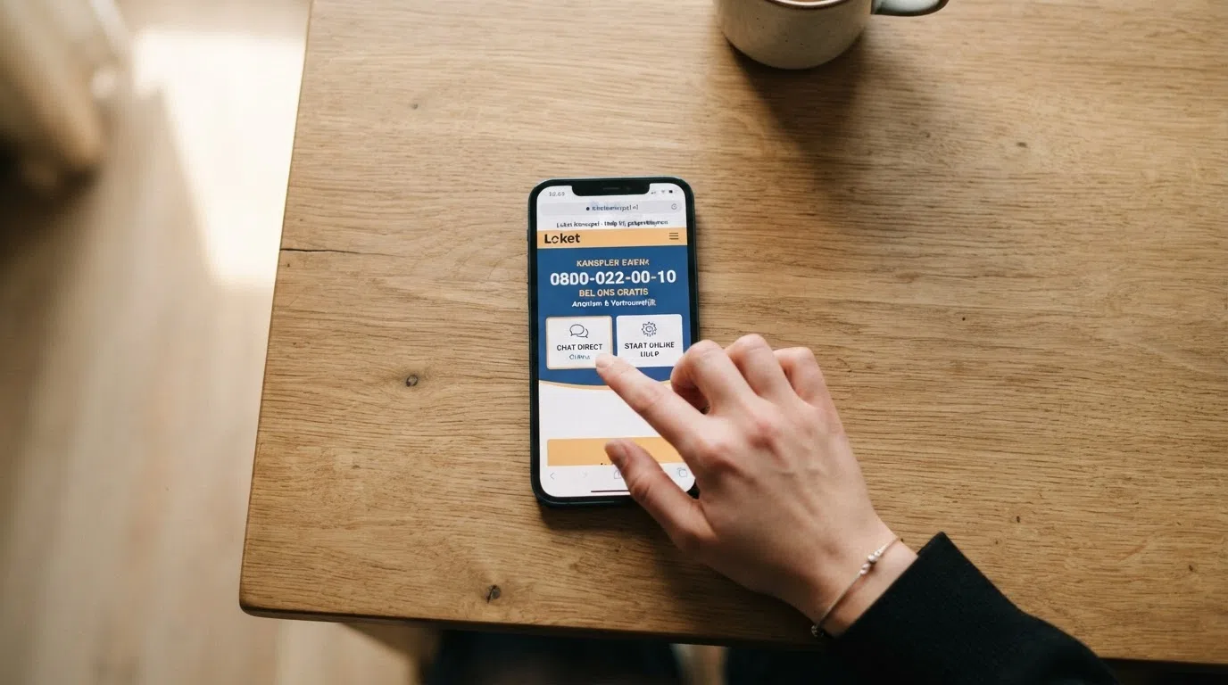Het startschema van Loket Kansspel met contactopties: telefoon chat en online interventie naast het telefoonnummer 0800-022-00-10