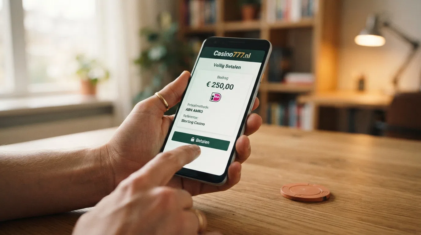 Een smartphone met het iDEAL-betaalscherm naast een casino-stortingspagina