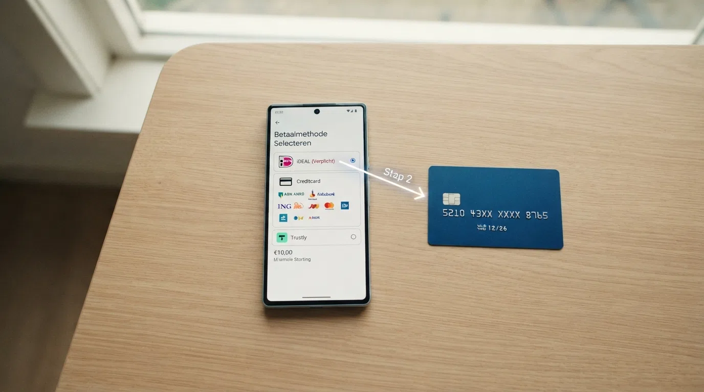 Een smartphone met iDEAL-betaalscherm, een pijl die naar een creditcard wijst, met de tekst “Stap 2” erboven