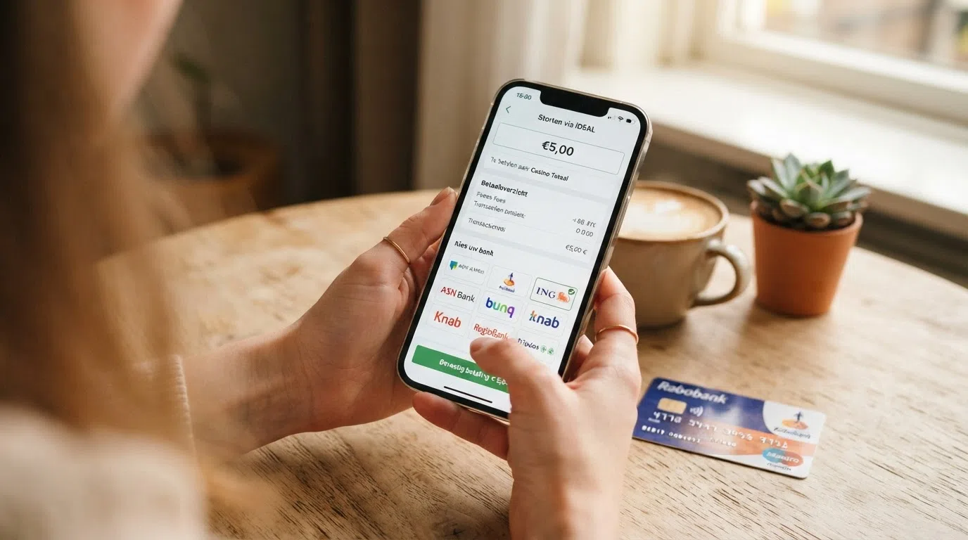 een smartphone met het iDEAL-betaalscherm en een ingevuld bedrag van €5,00