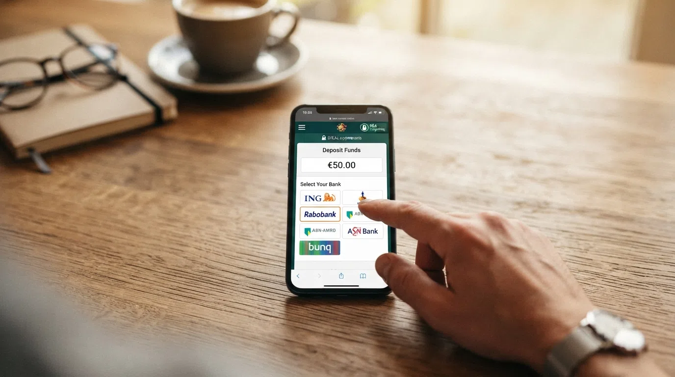 Een iDEAL-betaalomgeving op een Nederlandse casino-website, met het bekende blauwe scherm en bankselectie