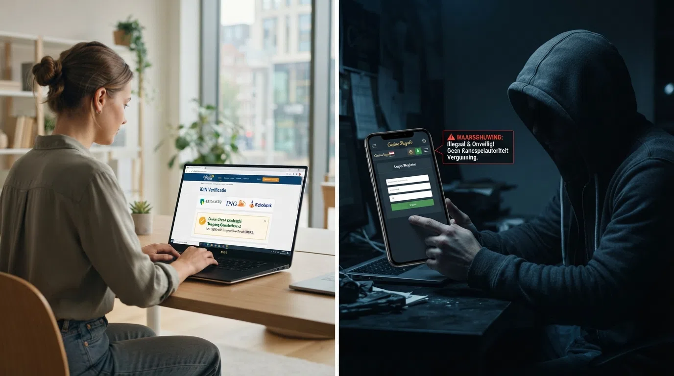 Twee kolommen naast elkaar: links een Ksa-vergunde omgeving met iDIN-verificatie en Cruks-check, rechts een anoniem buitenlands casino zonder controles, met een rood waarschuwingsteken