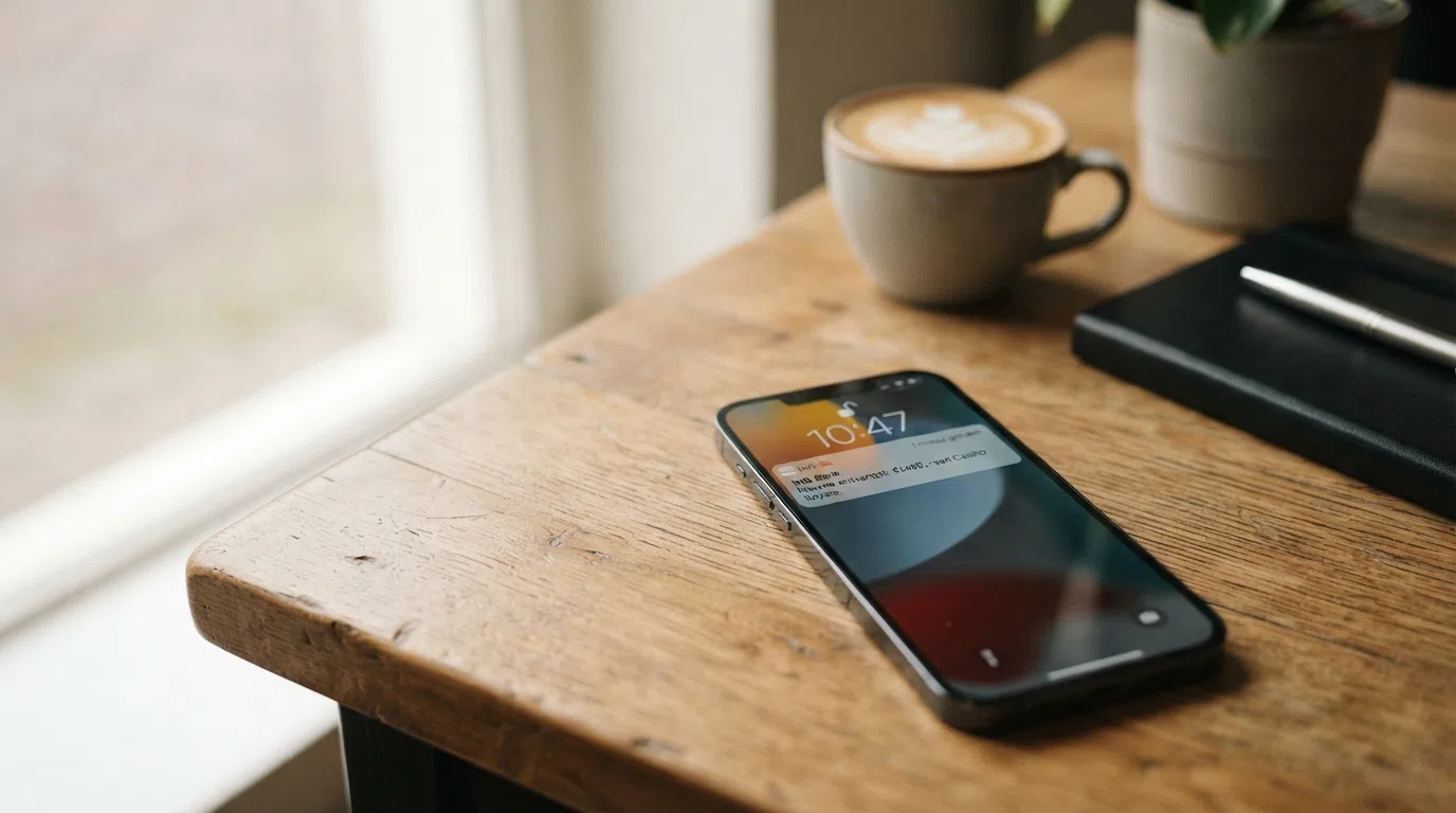 Een mobiele telefoon met een bank-app die een zojuist ontvangen uitbetaling van een online casino toont, met het tijdstip duidelijk zichtbaar