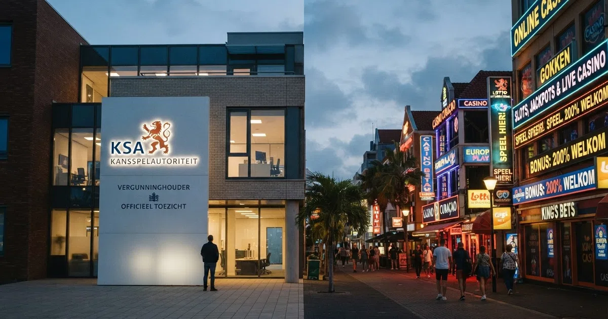 Een gesplitst beeld: links het verlichte logo van de Kansspelautoriteit op een Nederlands overheidsgebouw, rechts de neonverlichte gevels van buitenlandse casino's in een straat die Curaçao of Malta evoceert.