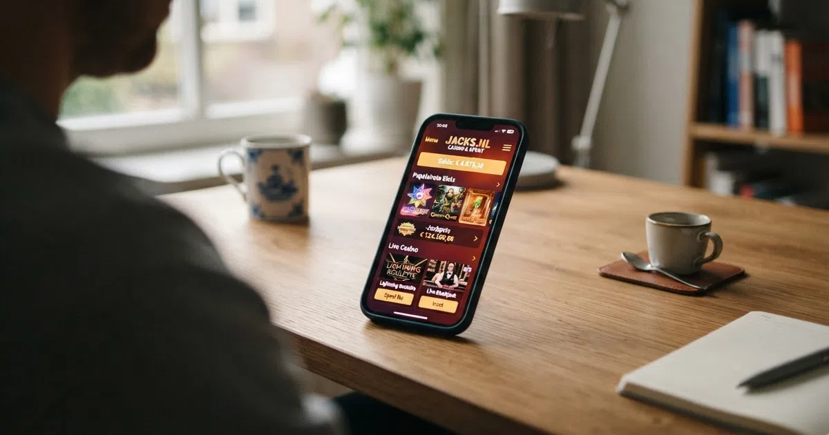 Een iPhone met daarop het startscherm van een Nederlandse casino-app, met slots, live casino-tegels en een saldo-tegoed zichtbaar