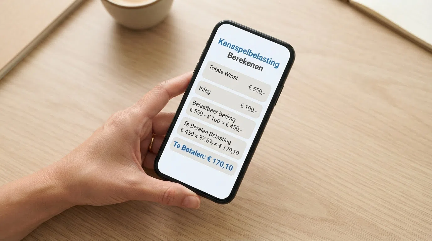Een visuele weergave van de berekening: €100 inleg leidt tot €550 uitbetaling, waarvan €450 belastbaar tegen 37,8% — de pijlen tonen het nettoresultaat na belasting