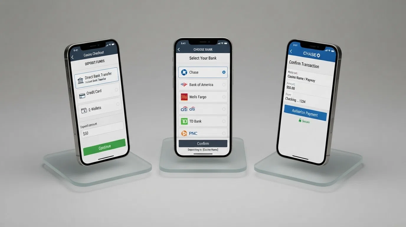 Een stroomschema-achtige weergave van het Klarna-stortingsproces: kies Klarna → selecteer je bank → bevestig in je bankomgeving → speeltegoed direct beschikbaar