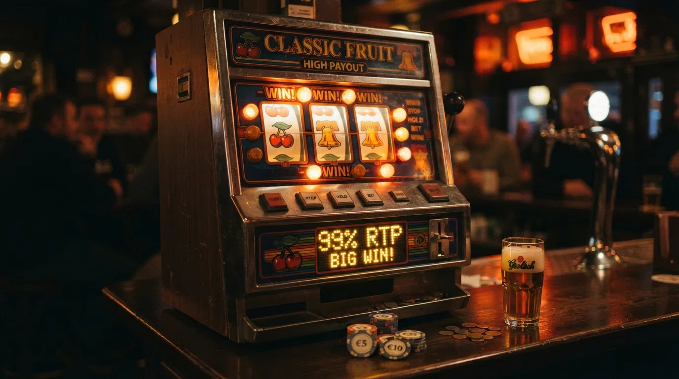 Schermafbeelding van Mega Joker in Supermeter-modus: het klassieke 3-rols fruitautomaat-design met de 99%-RTP-badge zichtbaar
