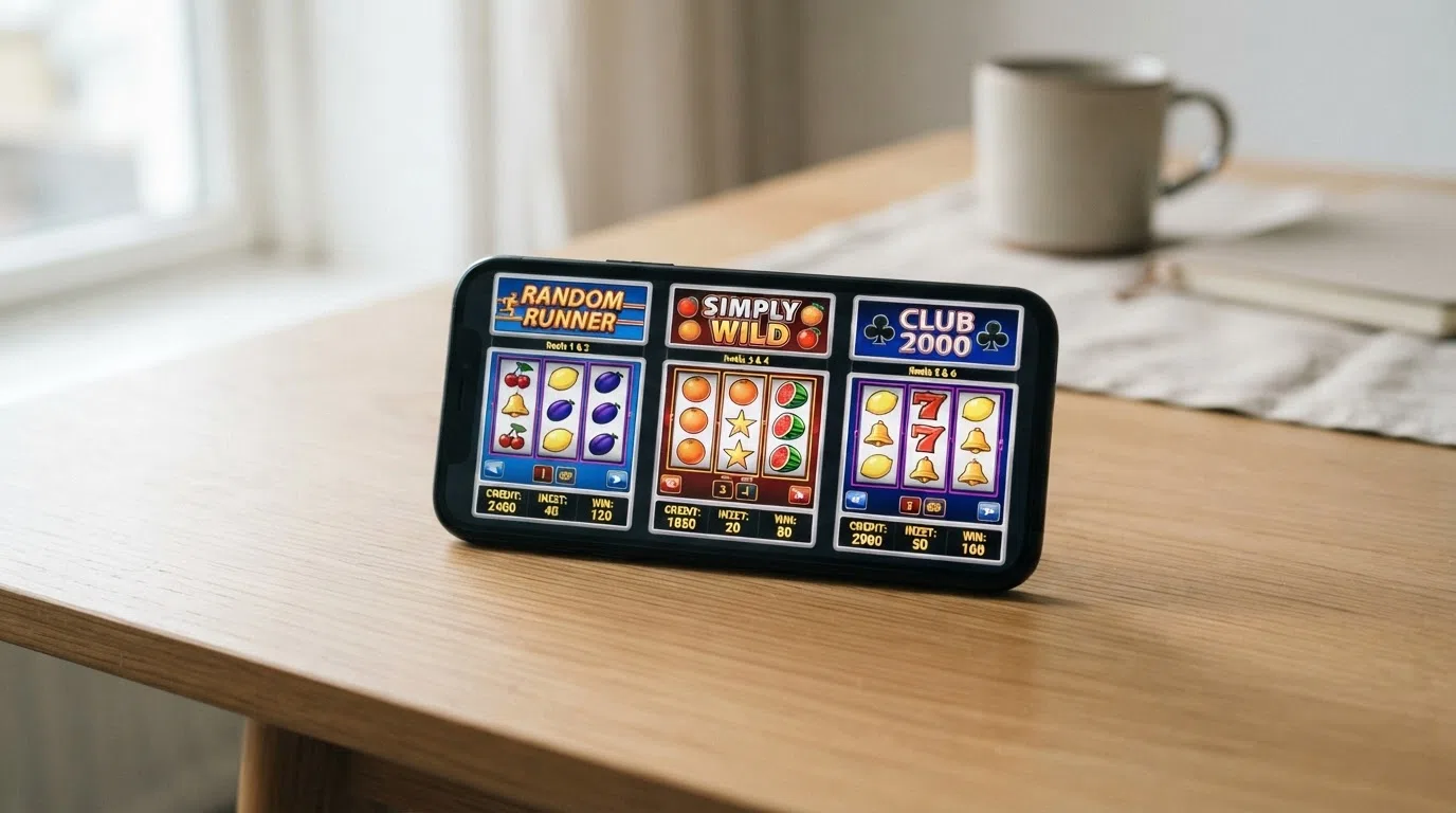 Drie klassieke slots naast elkaar op een smartphone-scherm: Random Runner, Simply Wild en Club 2000 in hun herkenbare retrostijl.