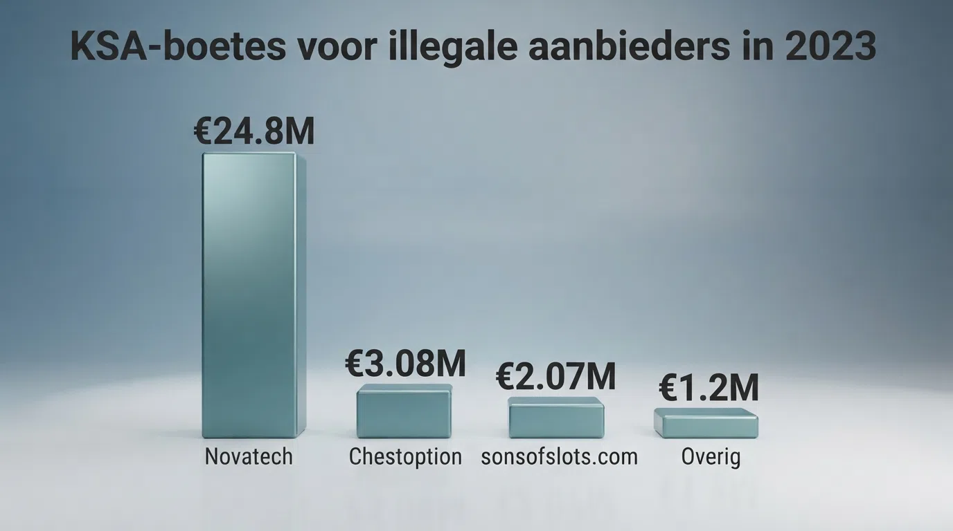 Een grafische weergave van door de Kansspelautoriteit in 2026 opgelegde boetes aan illegale kansspelaanbieders, met Novatech (bijna €25 miljoen) als uitschieter