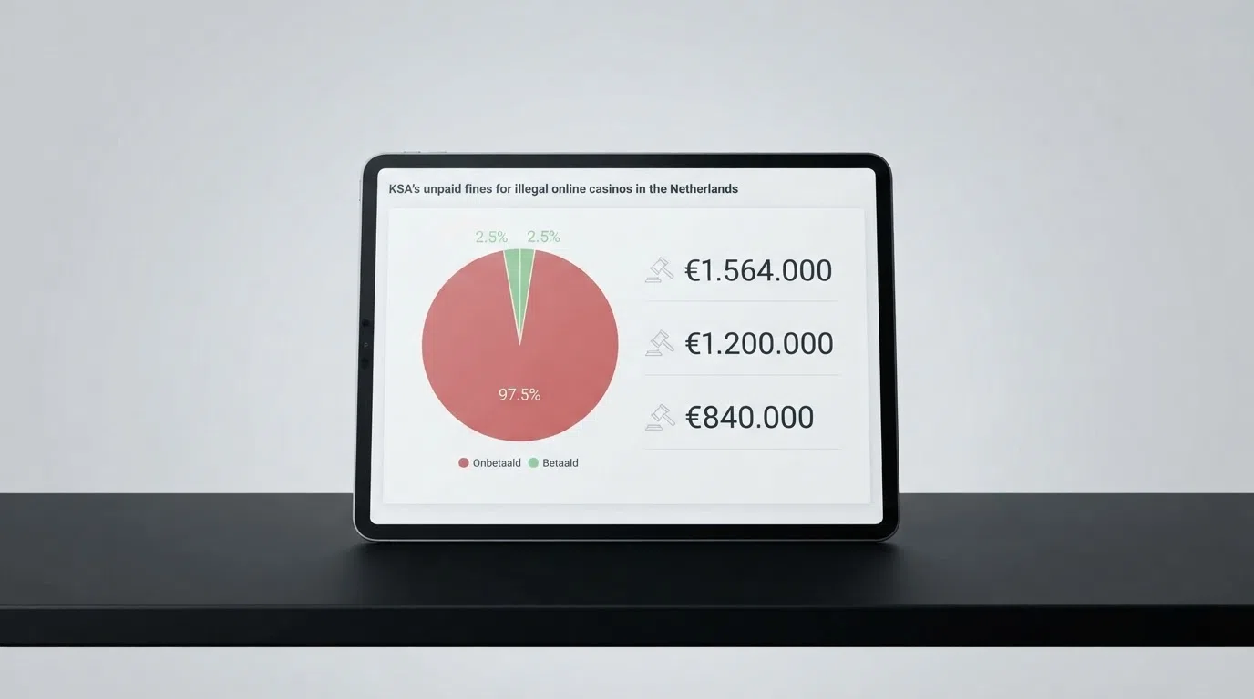 Een gestileerd dashboard met boetebedragen (€1.564.000, €1.200.000, €840.000) naast een taartdiagram waarin 97,5% als 'onbetaald' gearceerd is — de cijfers zijn reëel, de visualisatie is schematisch