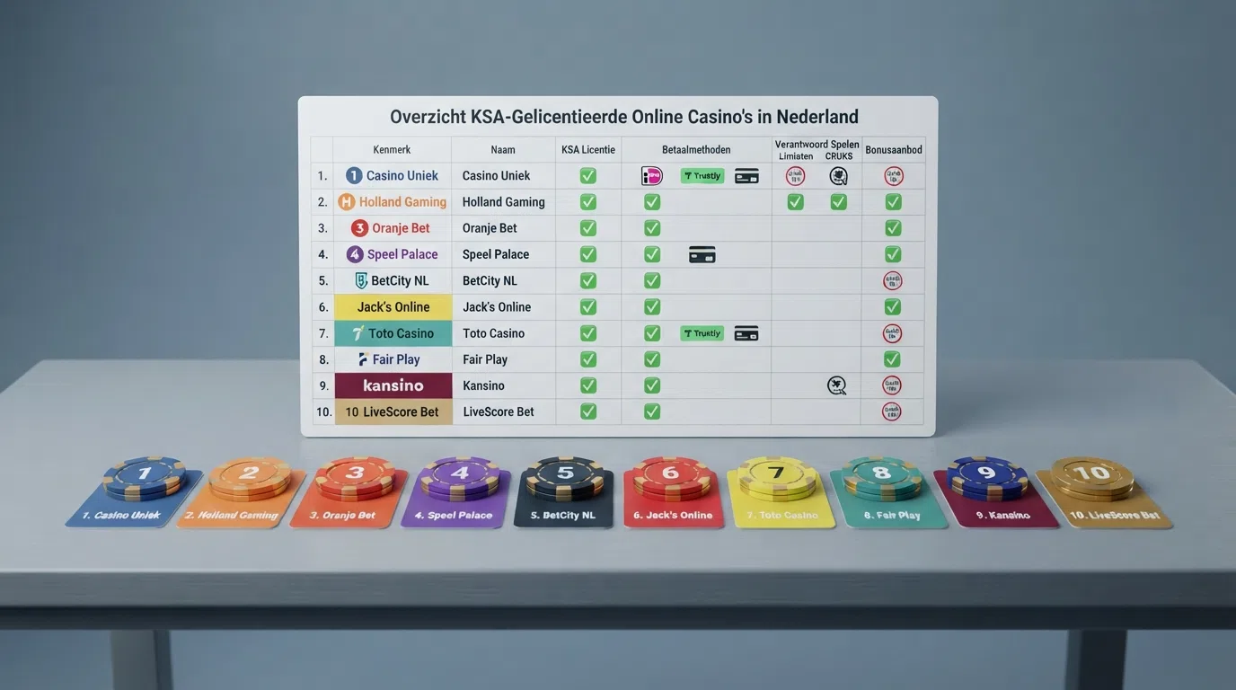 Tien casino-logo's op een rij met daaronder een checklist van de kenmerken waarop ze zijn beoordeeld