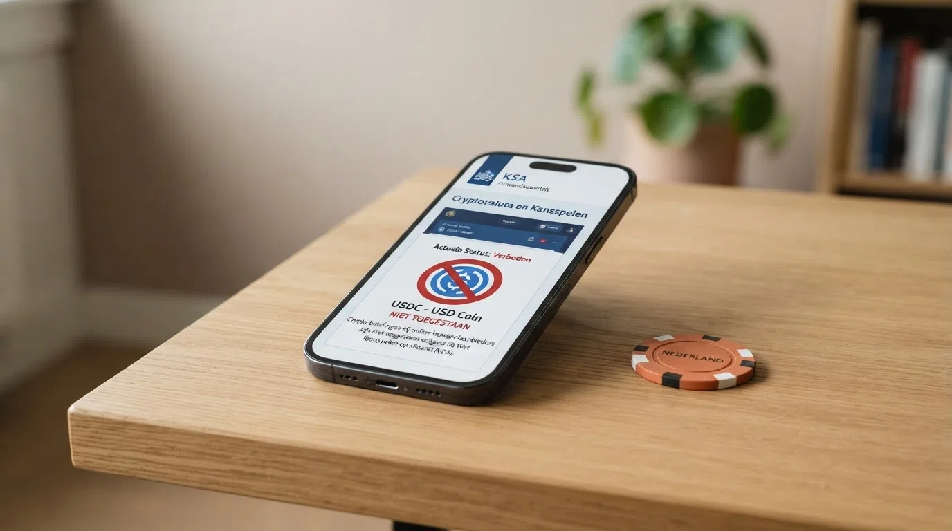 Het Kansspelautoriteit-logo naast een crypto-wallet met een rood kruis ertussen