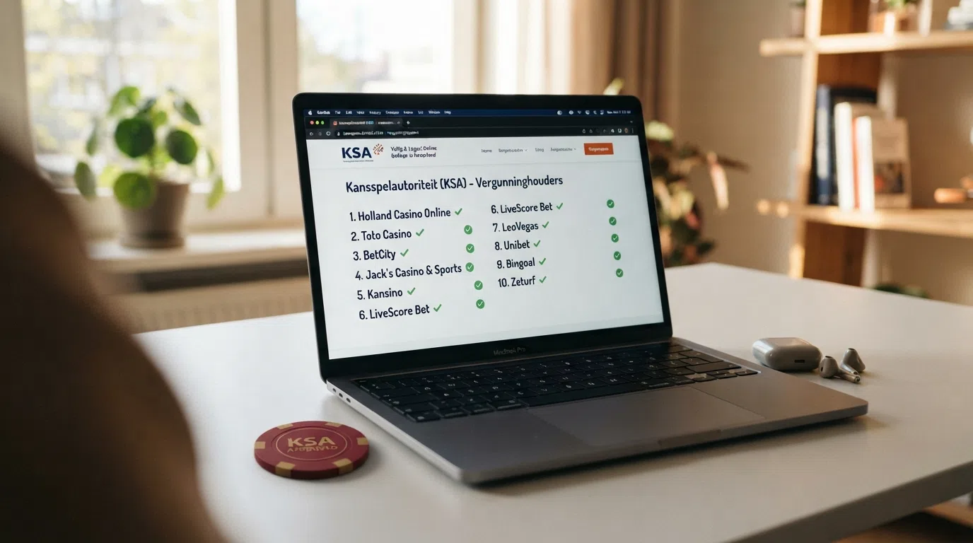 Een rij KSA-vergunde casino-logo's op een Nederlandse vergelijkingspagina, met een vinkje bij het keurmerk