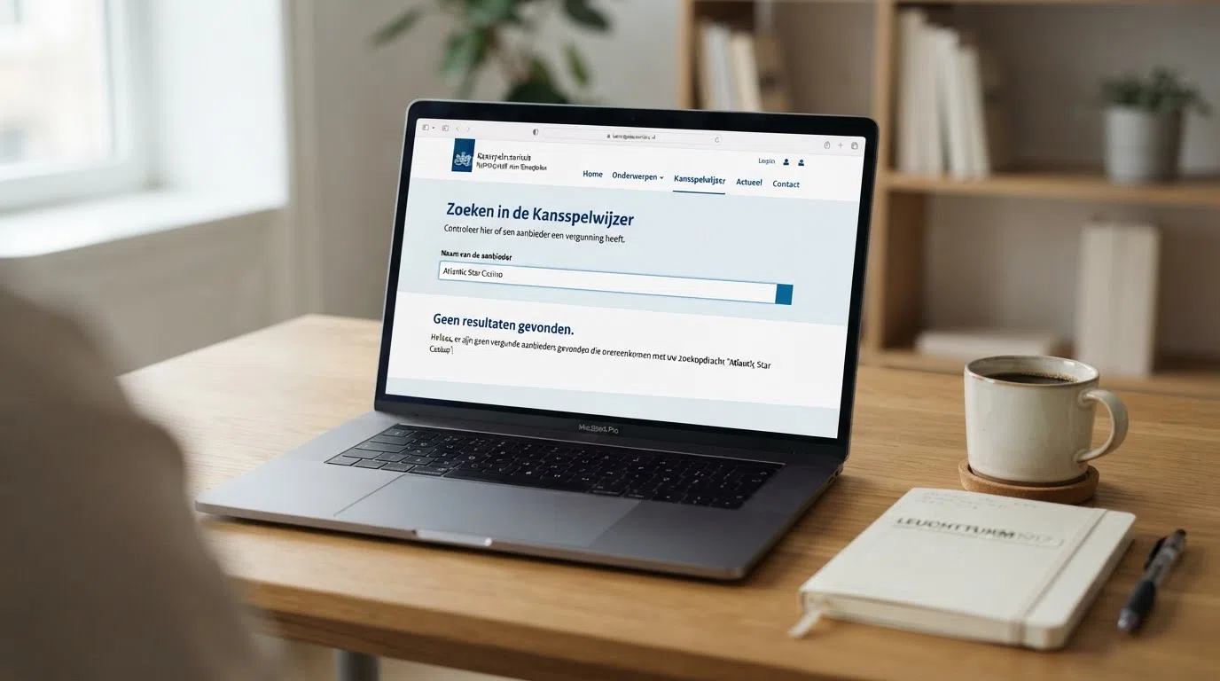 Screenshot van de KSA-Kansspelwijzer-webpagina met een zoekopdracht die geen resultaten toont voor een besproken offshore casino