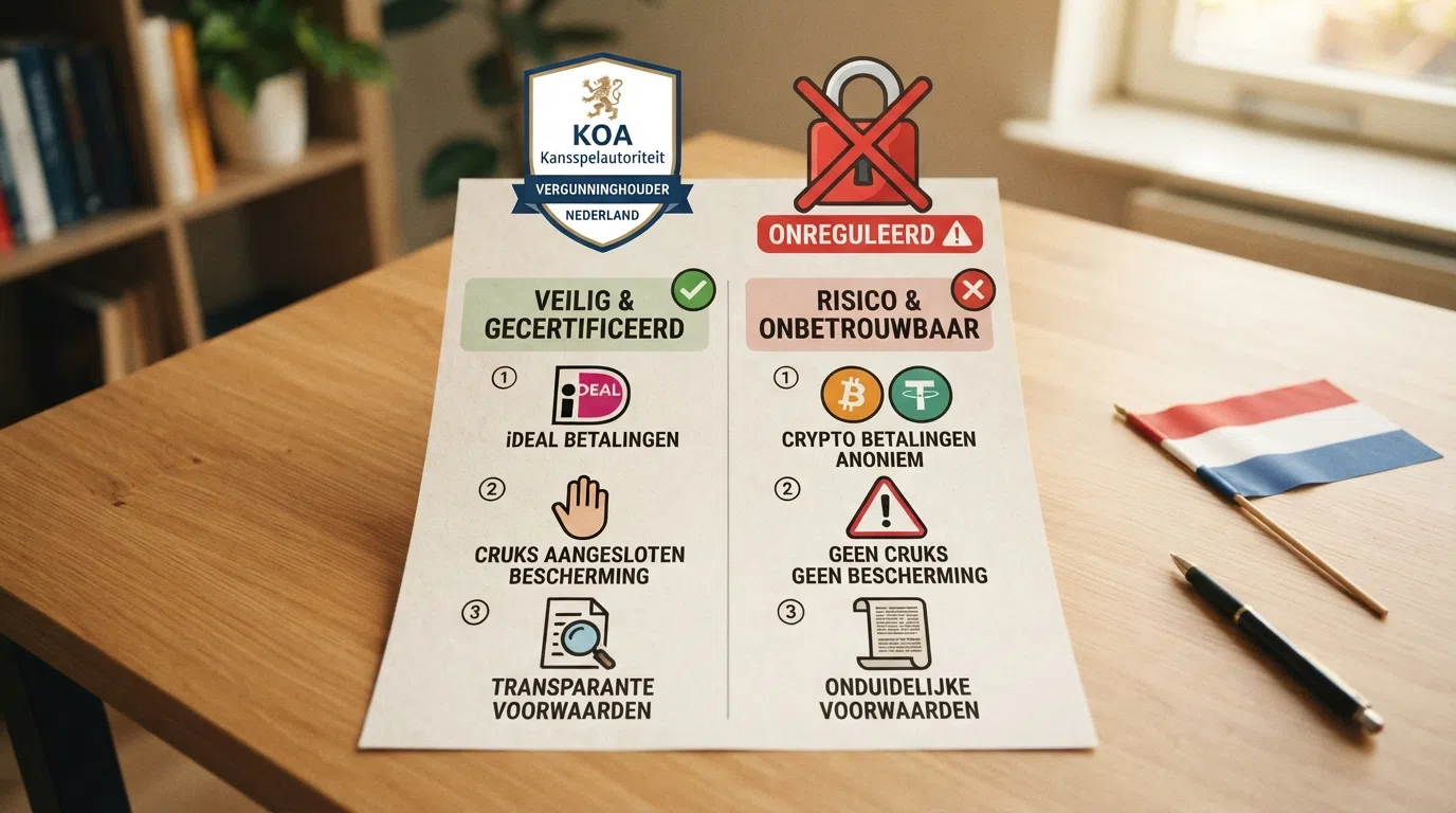 Een KSA-keurmerk naast een rood doorgestreept slotje, met daaronder twee kolommen — links 'KSA-casino' met vinkjes bij iDEAL, CRUKS en transparante voorwaarden, rechts 'Offshore' met kruisjes bij dezelfde regels.
