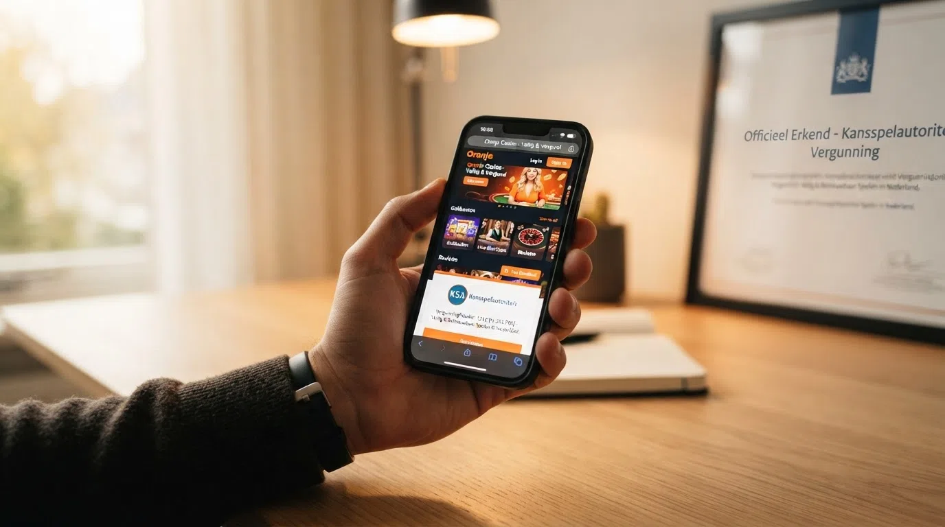 Het Kansspelautoriteit-logo naast een iPhone die een casino-app toont met een actieve vergunningscheck