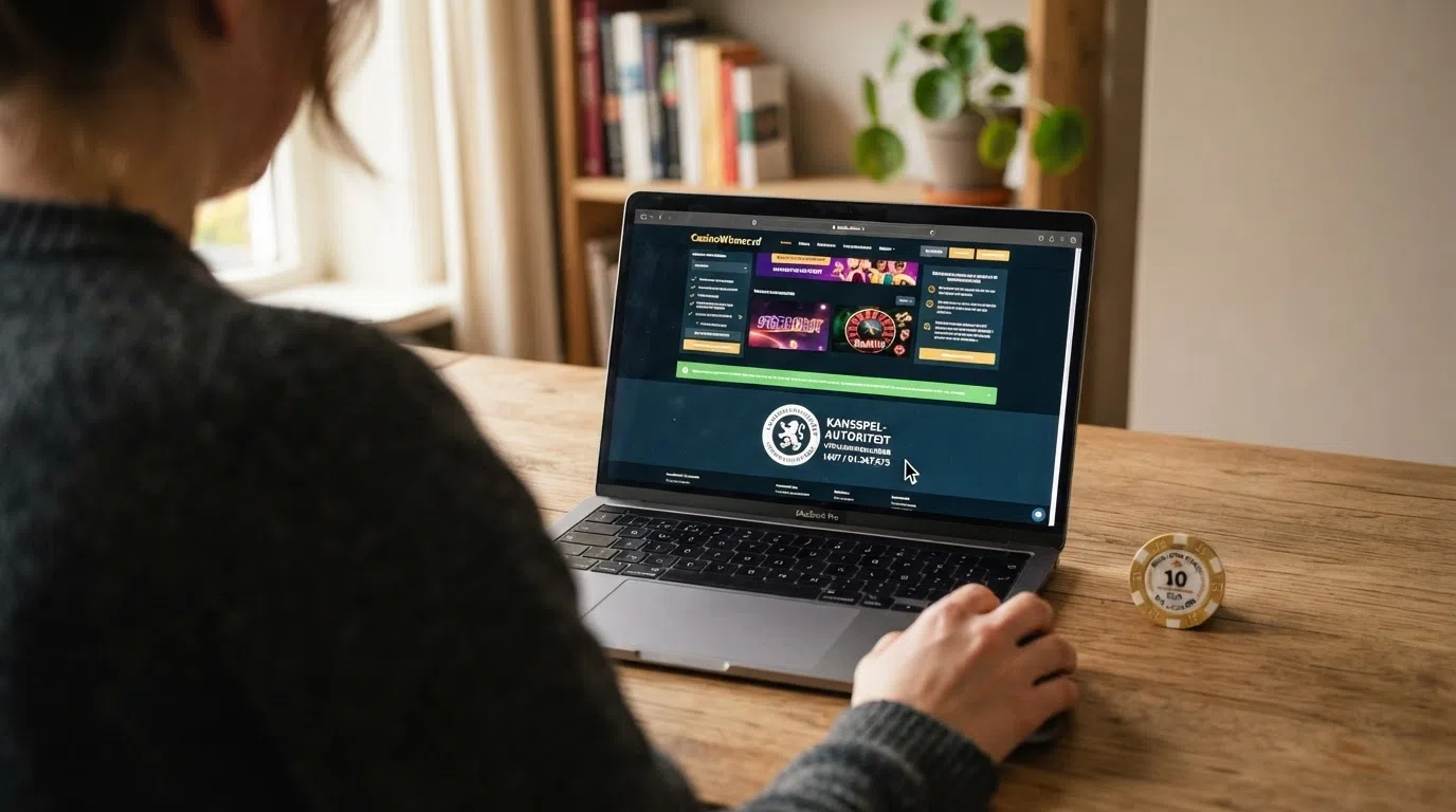 Het KSA-woordmerk prominent op een casino-homepage, met een muiscursor die erop klikt en het vergunningenregister opent