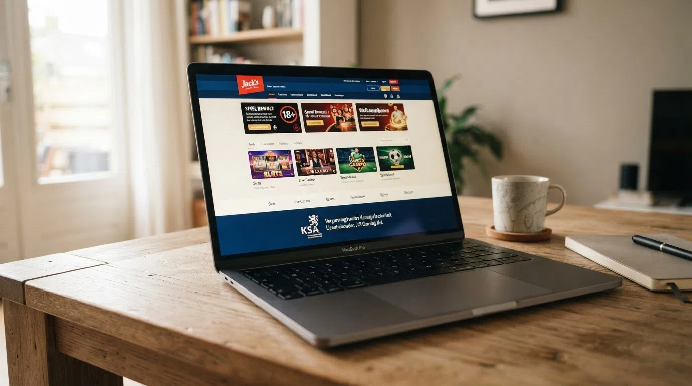 Het logo of keurmerk van de Kansspelautoriteit op de website van een gereguleerd Nederlands online casino, naast de licentie-informatie