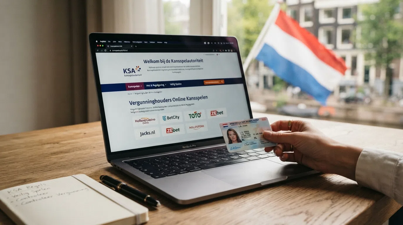 Het logo van de Kansspelautoriteit naast de Nederlandse vlag en een gestileerd schild als symbool van spelersbescherming