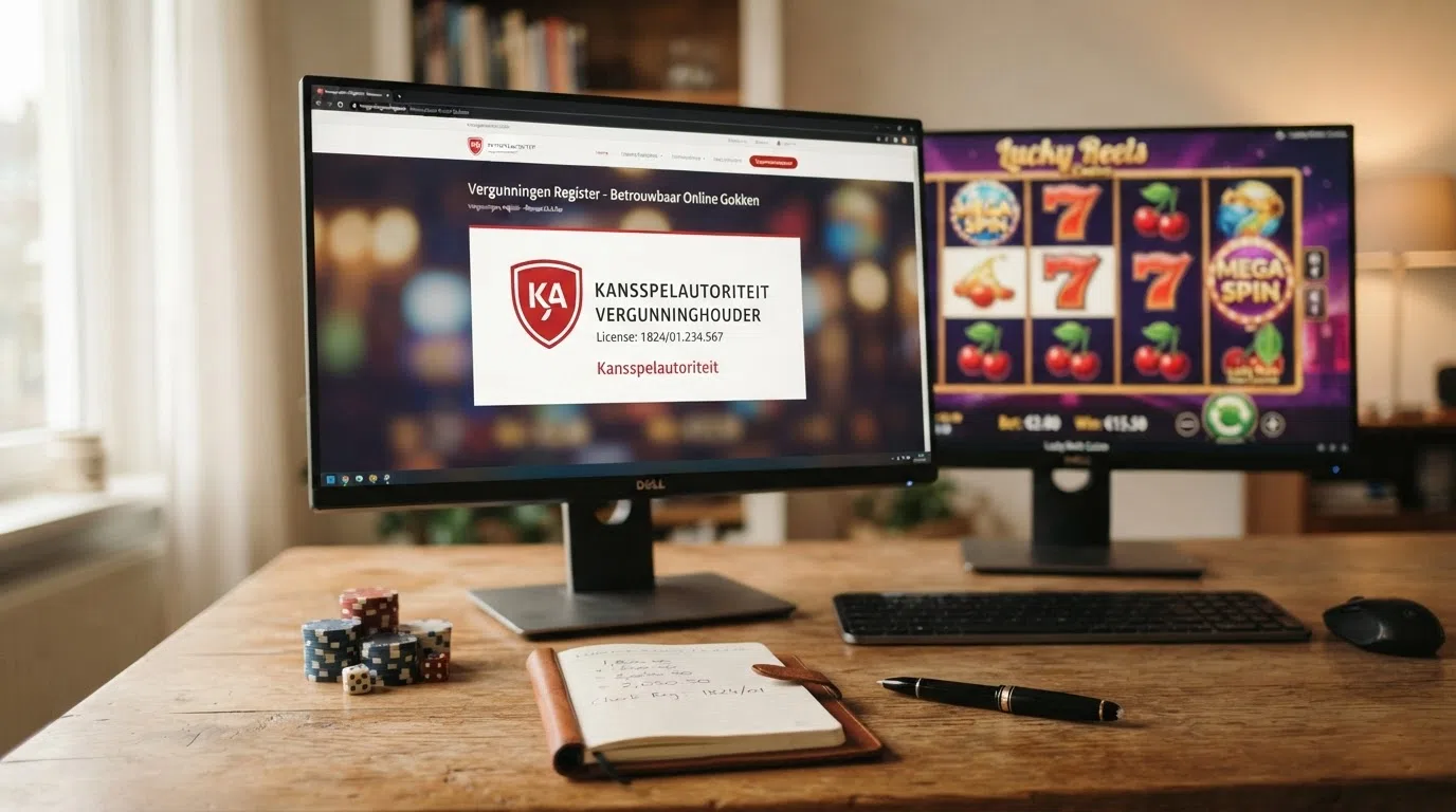 Het officiële logo van de Kansspelautoriteit op een scherm met een slot-interface op de achtergrond