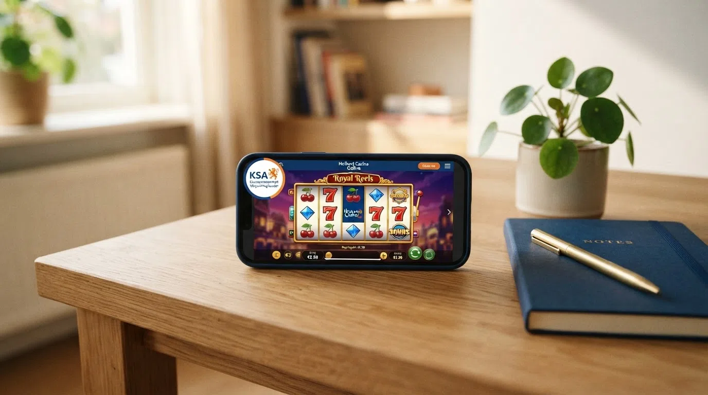 Een smartphone toont een casino-app met een gokkast op het scherm, met het Kansspelautoriteit-logo zichtbaar in beeld als keurmerk.