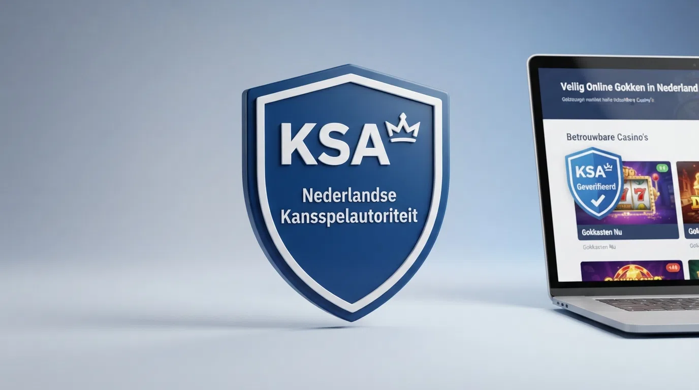 Het logo van de Kansspelautoriteit naast de homepage van een legaal Nederlands online casino met KSA-vergunning