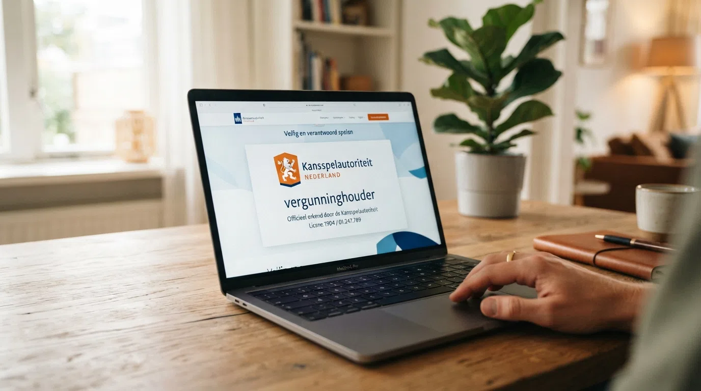 Het logo of keurmerk van de Kansspelautoriteit op een scherm, met de tekst 'vergunninghouder' zichtbaar, tegen een achtergrond van een casino-interface.