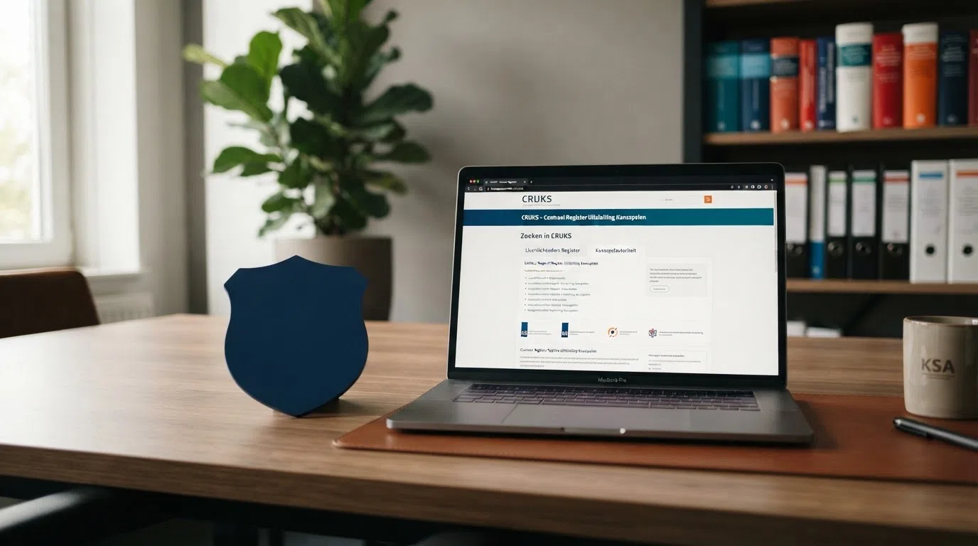 Het logo van de Kansspelautoriteit naast een CRUKS-registratiescherm op een laptop, met het Nederlandse wapen subtiel in beeld