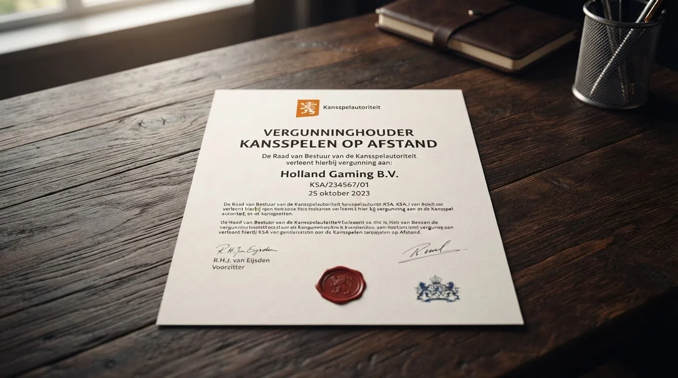 Het logo van de Kansspelautoriteit prominent op een donkere achtergrond, met de tekst “Vergunninghouder Kansspelen op Afstand” eronder
