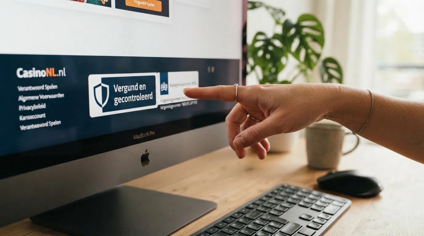 Close-up van het Kansspelautoriteit-logo op een casino-website, met daaronder in klein lettertype het vergunningnummer en een link naar het Cruks-register.