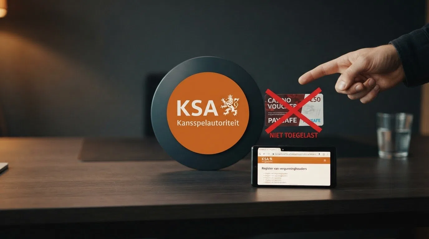 Het logo van de Kansspelautoriteit naast een doorgestreept Neosurf-logo op een donkere achtergrond