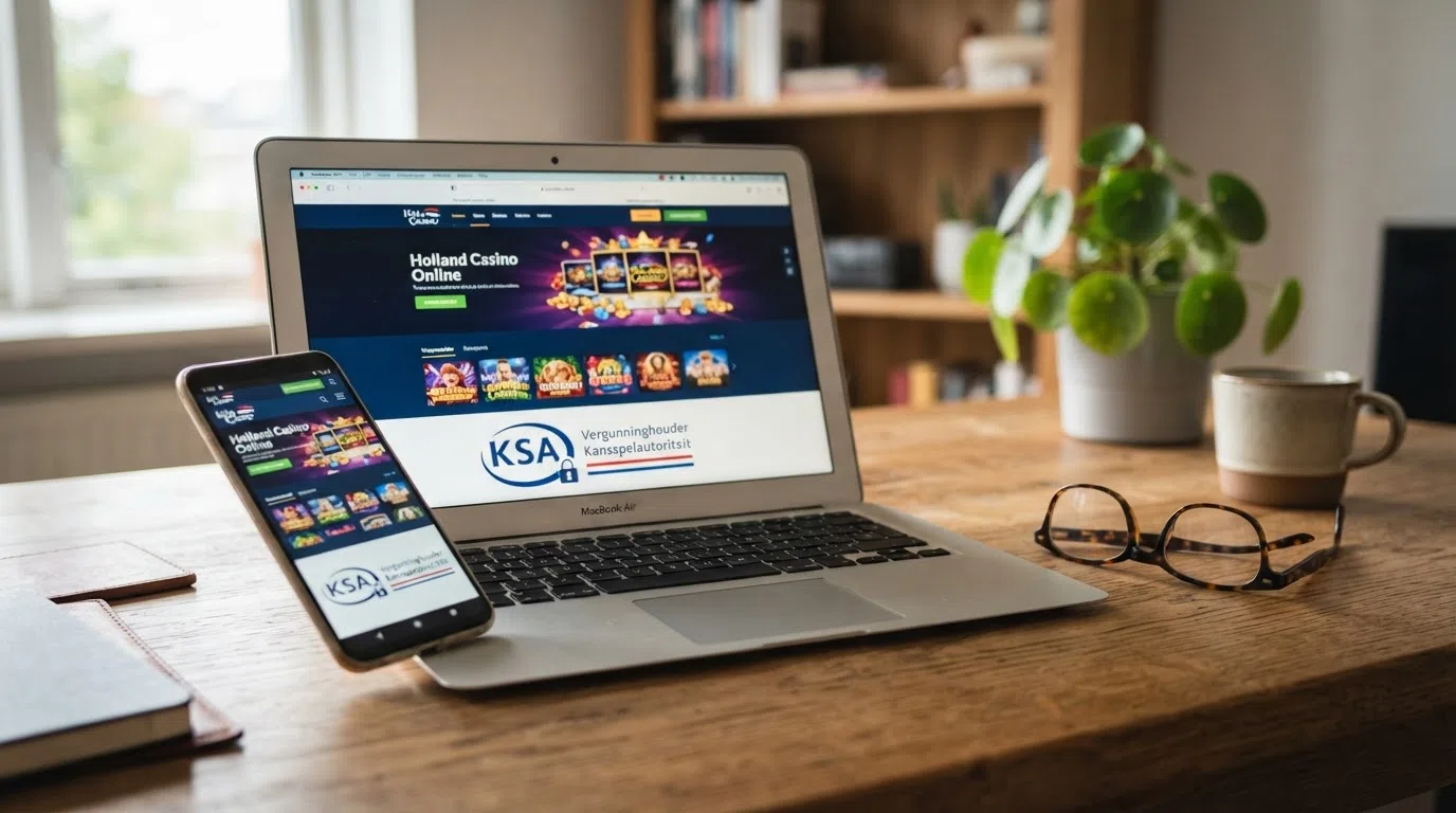 Het KSA-logo prominent op de homepage van een Nederlands online casino met daarnaast het CRUKS-register en een slot 'vergunninghouder Kansspelautoriteit'