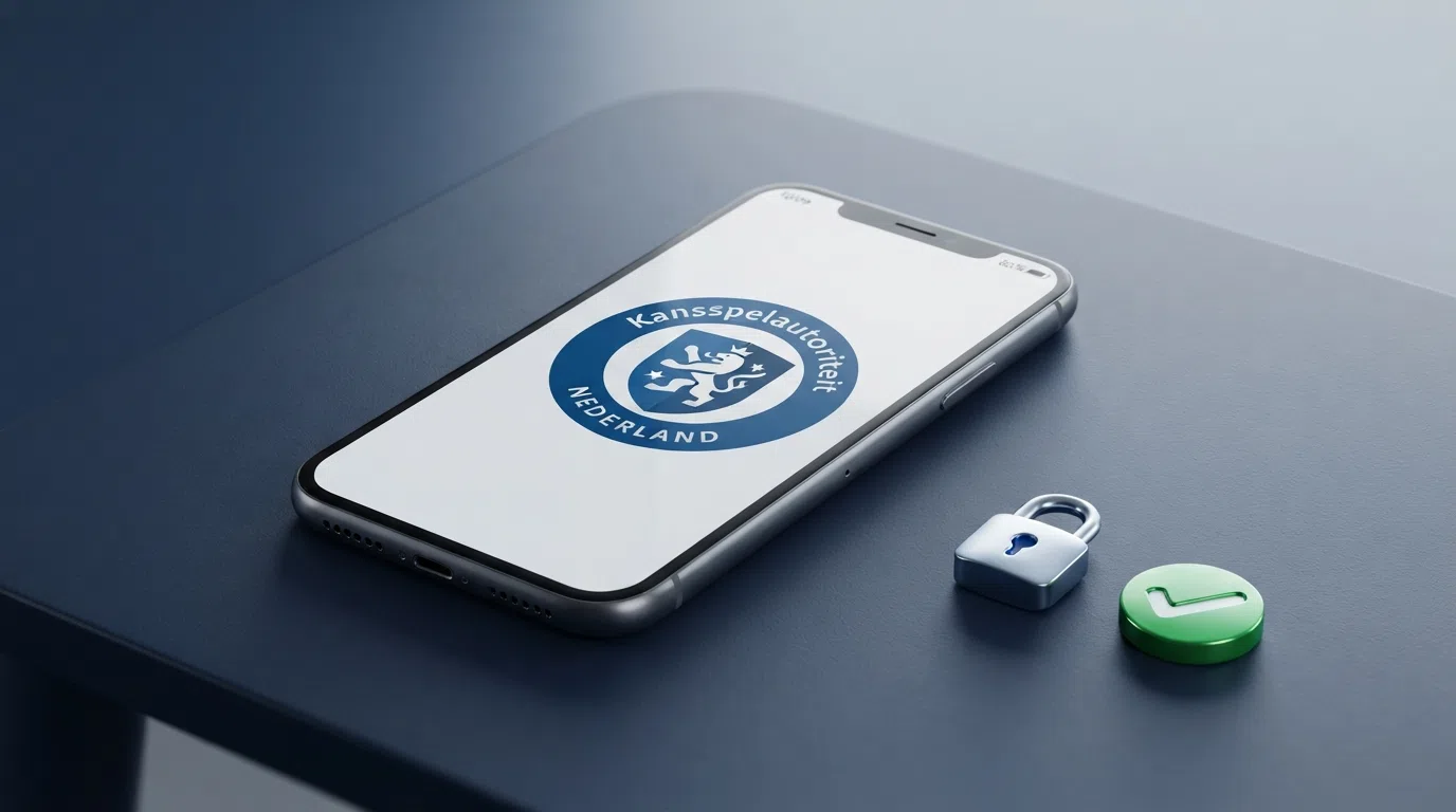 Het logo van de Kansspelautoriteit naast een slotje en een groen vinkje op een smartphonescherm