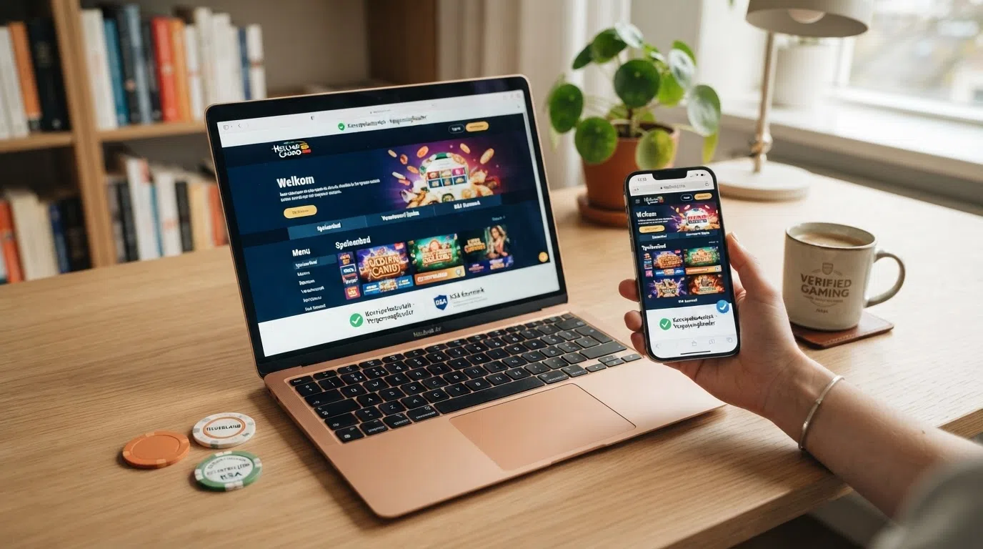 Een close-up van het Kansspelautoriteit-keurmerk op de homepage van een Nederlands online casino met een groen verificatievinkje