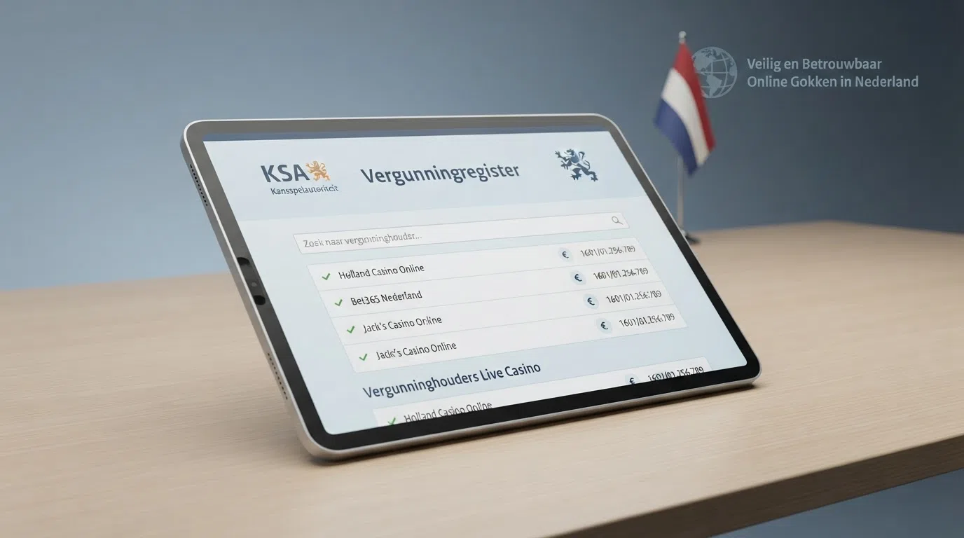 Het logo van de Kansspelautoriteit naast een tablet die het openbare vergunningenregister toont, met een Nederlandse vlag op de achtergrond