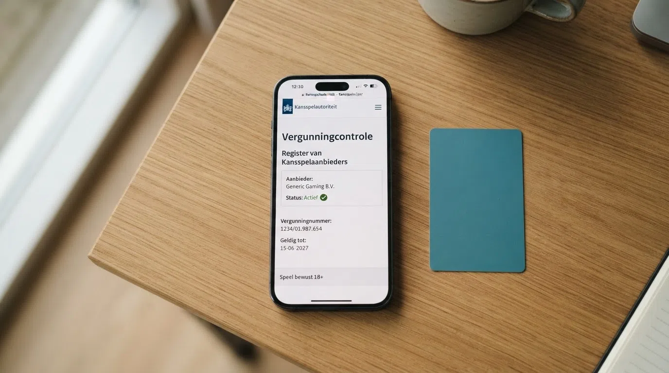 Het logo van de Kansspelautoriteit op een smartphone-scherm naast de Kansspelwijzer-pagina met een vergunning