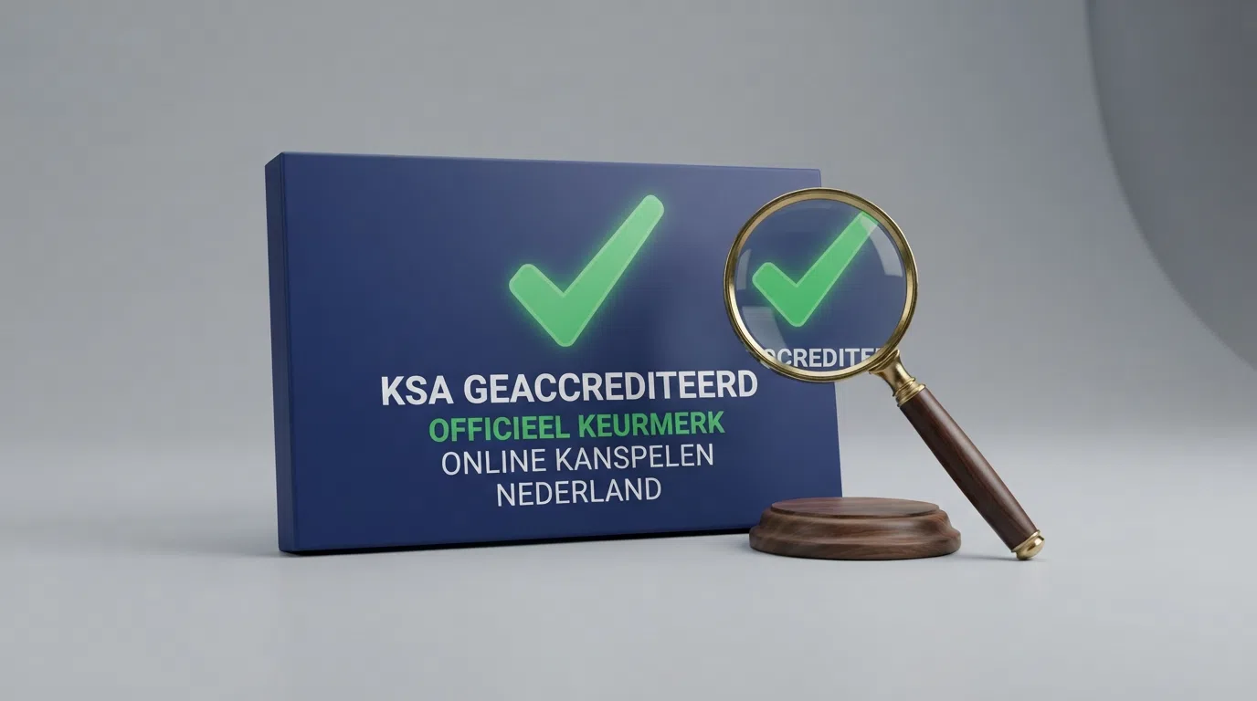 Het logo van de Kansspelautoriteit naast een KSA-vergunningdocument met een groen vinkje.