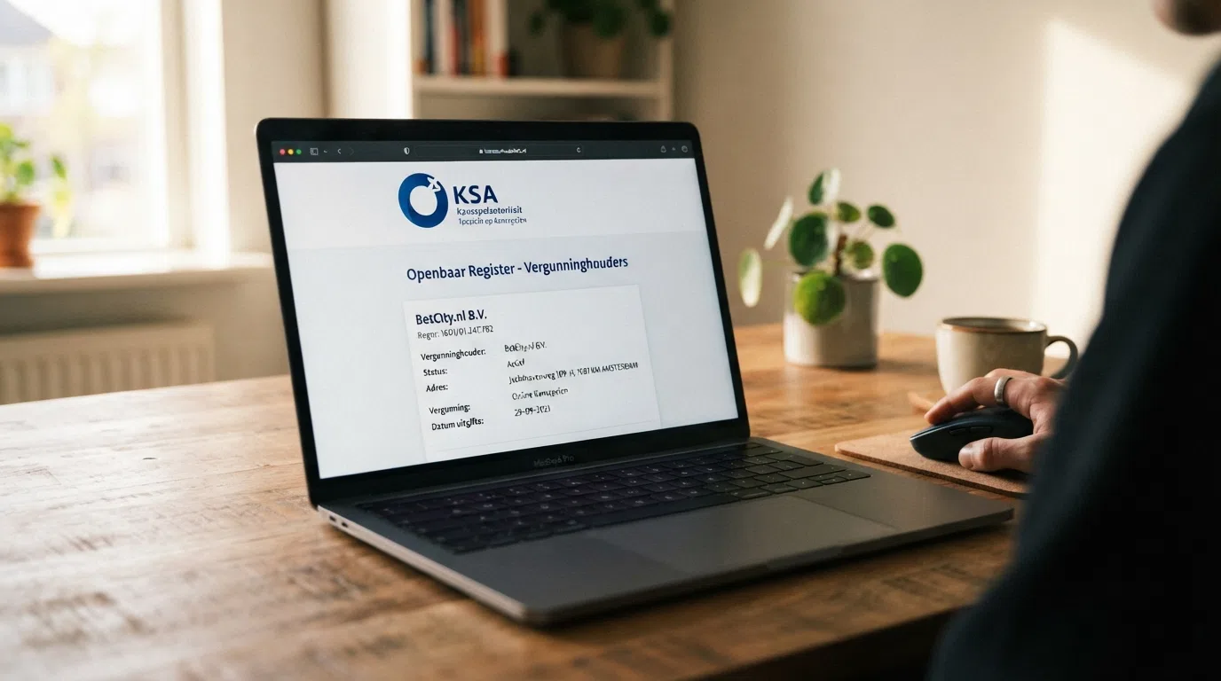 Het logo en keurmerk van de Kansspelautoriteit op het scherm van een online goksite, met het openbare vergunningenregister op de achtergrond