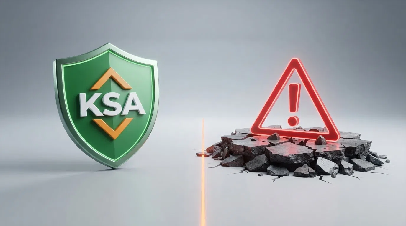 Het logo van de Kansspelautoriteit naast een rood waarschuwingssymbool met de tekst 'geen KSA-vergunning' — een visuele tegenstelling tussen legaal en illegaal aanbod