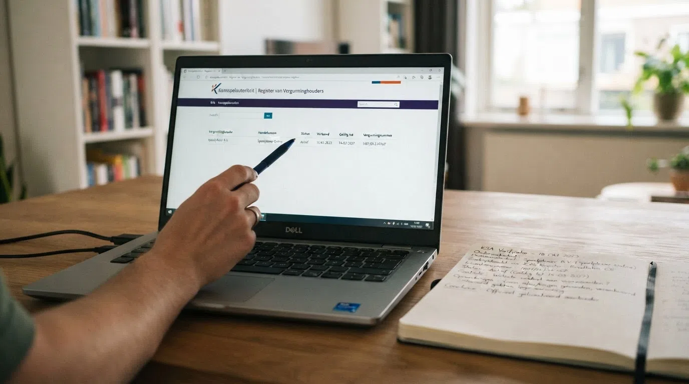 Een screenshot van de zoekfunctie van het KSA-openbaar vergunningregister op kansspelautoriteit.nl met een vergunninghouder in de resultaten