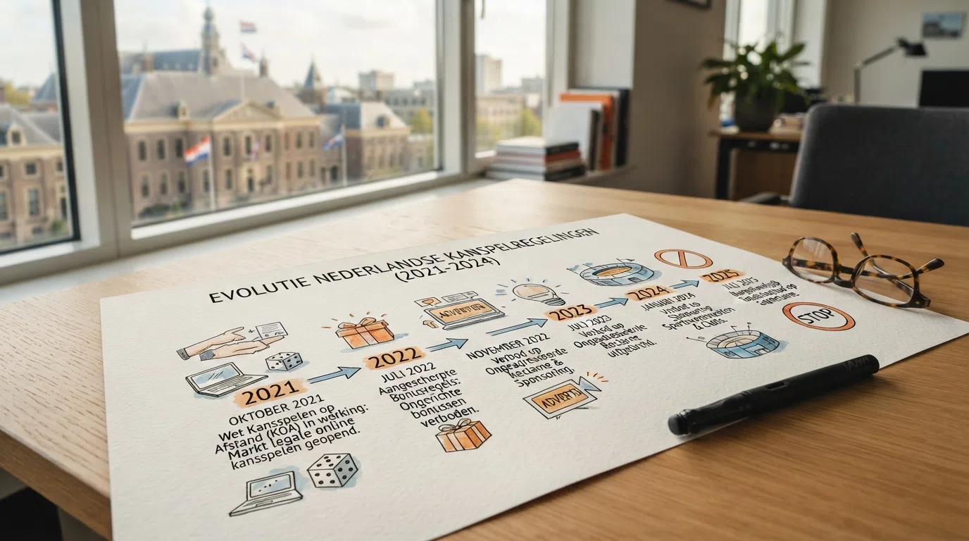 Een tijdlijn van 2021 tot 2026 met de belangrijkste wetswijzigingen — KOA-wet, reclameregels, cashbackverbod, aangekondigd totaalverbod — op een Nederlandse overheidsachtergrond