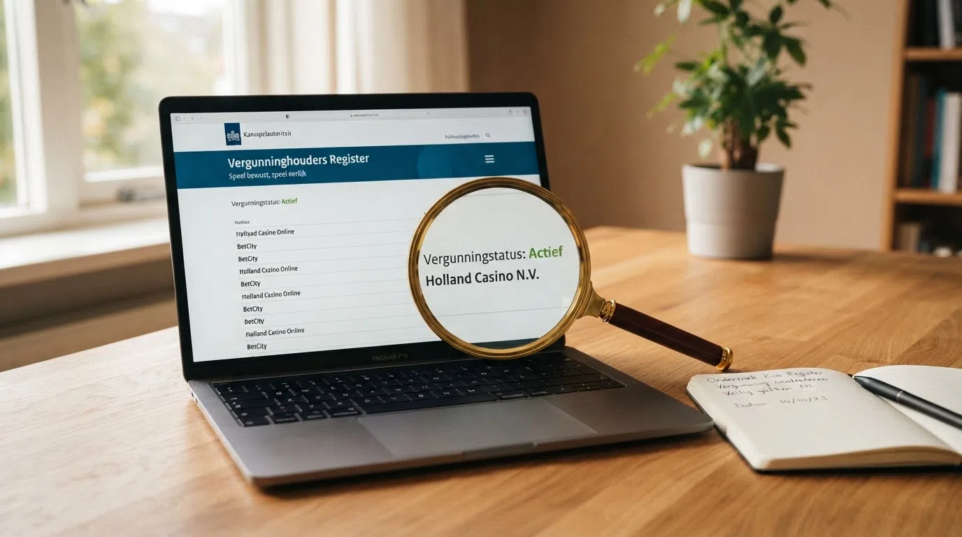 Een laptopscherm met het KSA-openbare vergunningenregister en een vergrootglas op een licentienummer